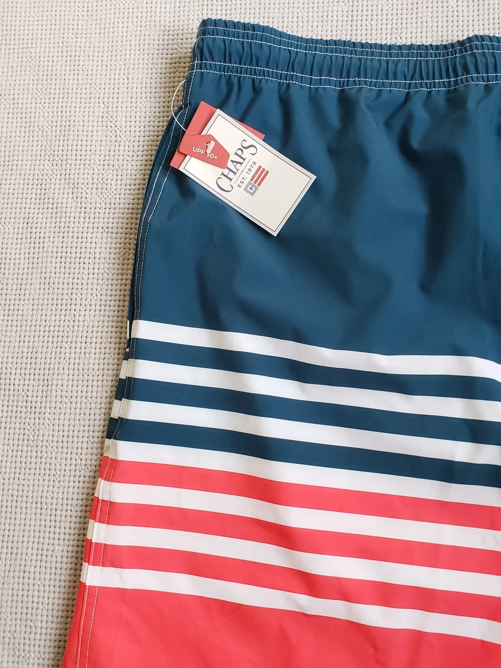 Chaps Men's 3XL Navy, White and Coral Stripe Swim Trunks